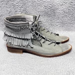 Free People Grey Suede Fringe Lace-Up Sandals